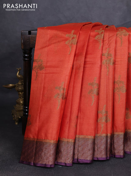 Banarasi tussar silk saree rustic orange and wine shade with allover thread & zari woven buttas and woven border