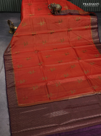 Banarasi tussar silk saree rustic orange and wine shade with allover thread & zari woven buttas and woven border