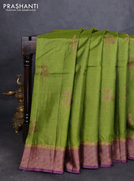 Banarasi tussar silk saree mehendi green and wine shade with allover thread & zari woven buttas and woven border