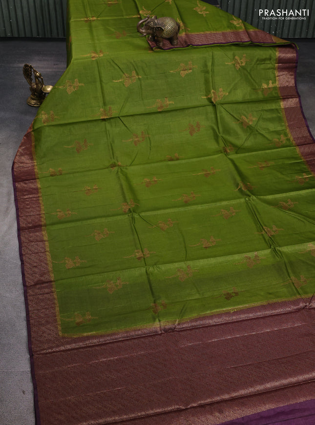 Banarasi tussar silk saree mehendi green and wine shade with allover thread & zari woven buttas and woven border