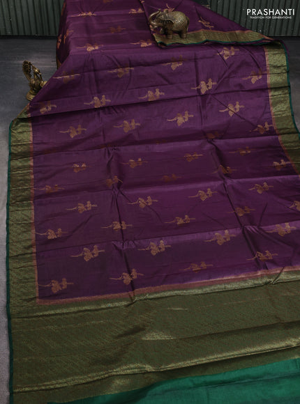 Banarasi tussar silk saree wine shade and green with allover thread & zari woven buttas and woven border