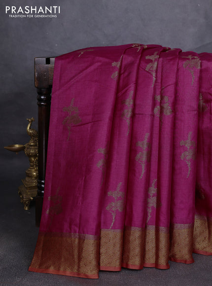 Banarasi tussar silk saree magenta pink and rustic orange with allover thread & zari woven buttas and woven border
