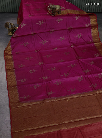 Banarasi tussar silk saree magenta pink and rustic orange with allover thread & zari woven buttas and woven border