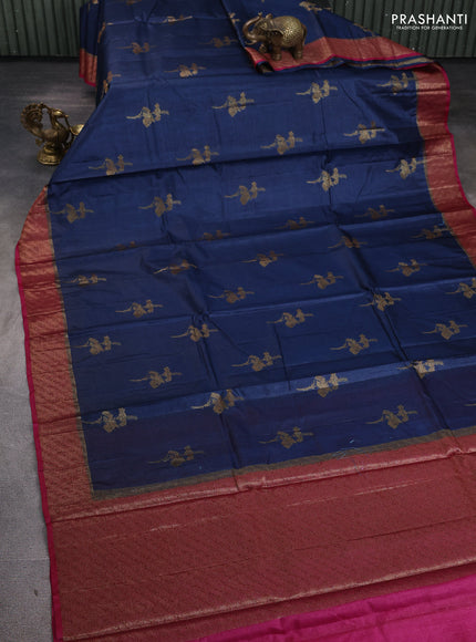 Banarasi tussar silk saree peacock blue and magenta pink with allover thread & zari woven buttas and woven border