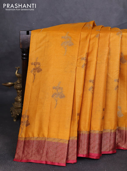 Banarasi tussar silk saree mustard yellow and maroon with allover thread & zari woven buttas and woven border