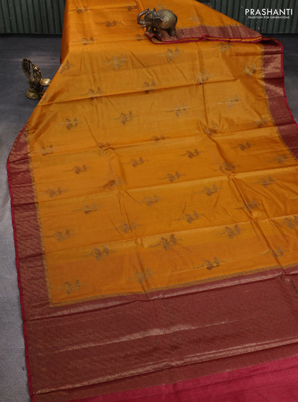 Banarasi tussar silk saree mustard yellow and maroon with allover thread & zari woven buttas and woven border