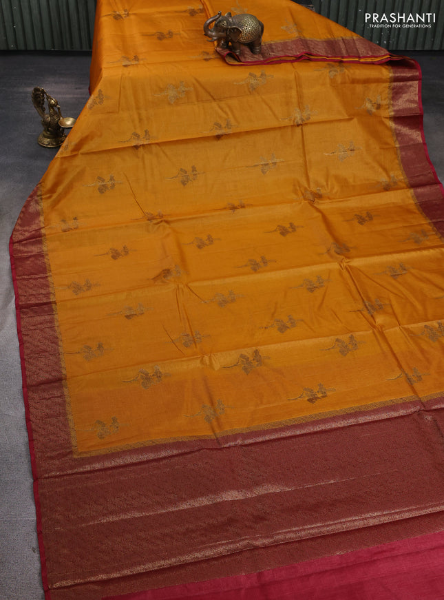 Banarasi tussar silk saree mustard yellow and maroon with allover thread & zari woven buttas and woven border