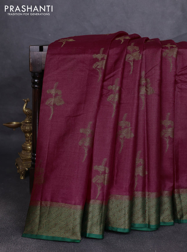 Banarasi tussar silk saree maroon and green with allover thread & zari woven buttas and woven border