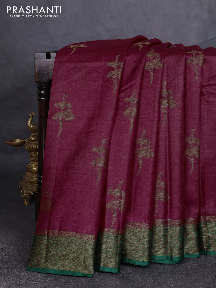Banarasi tussar silk saree maroon and green with allover thread & zari woven buttas and woven border