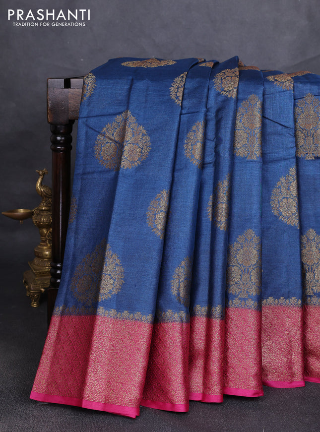 Banarasi tussar silk saree peacock blue and magenta pink with allover thread & zari woven buttas and woven border