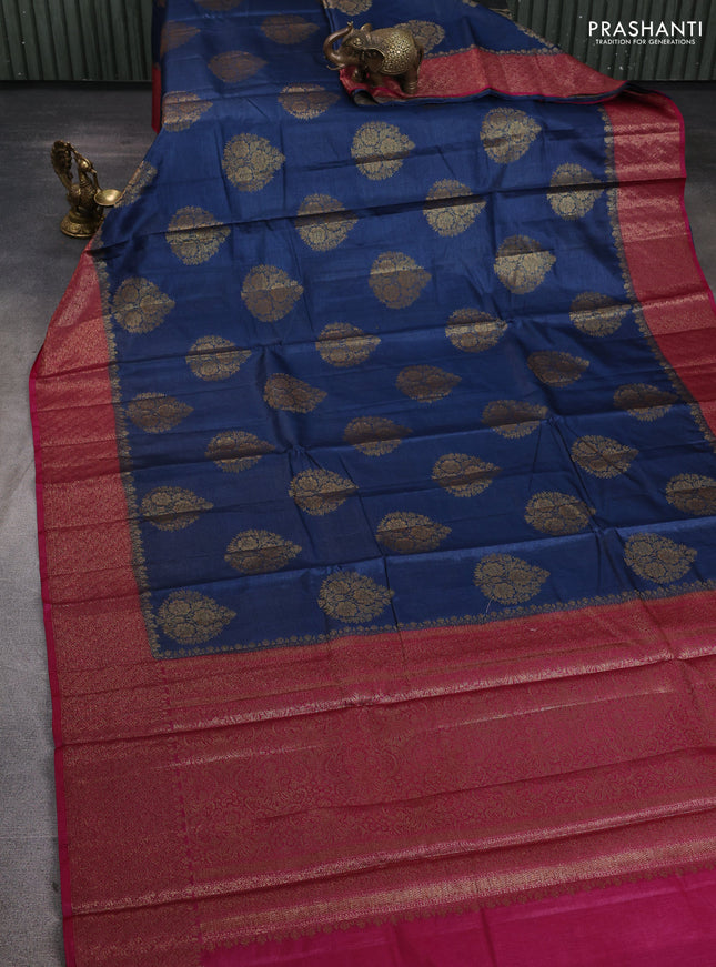 Banarasi tussar silk saree peacock blue and magenta pink with allover thread & zari woven buttas and woven border