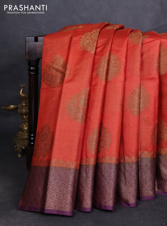 Banarasi tussar silk saree rustic orange and wine shade with allover thread & zari woven buttas and woven border