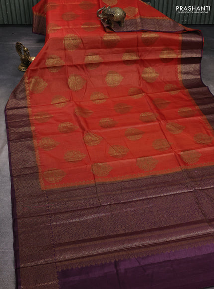 Banarasi tussar silk saree rustic orange and wine shade with allover thread & zari woven buttas and woven border