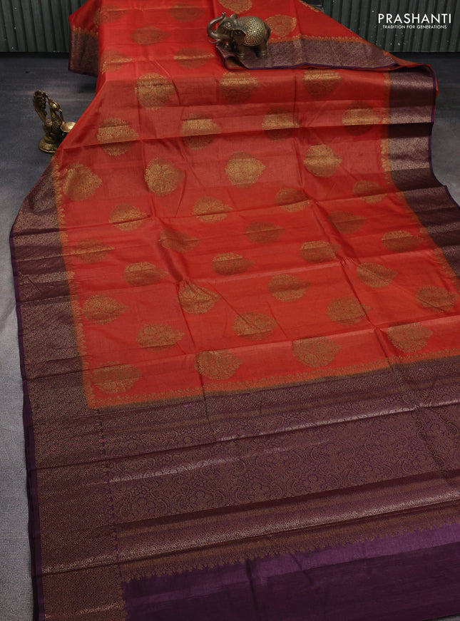 Banarasi tussar silk saree rustic orange and wine shade with allover thread & zari woven buttas and woven border