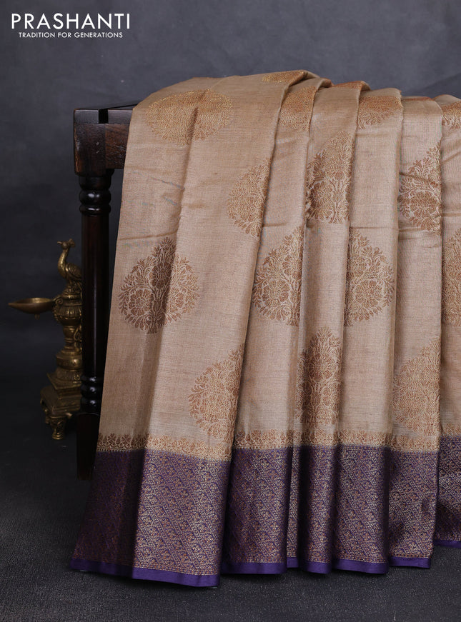 Banarasi tussar silk saree beige and navy blue with allover thread & zari woven buttas and woven border