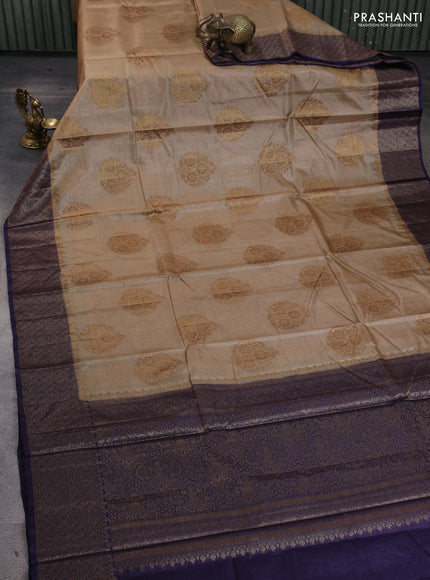 Banarasi tussar silk saree beige and navy blue with allover thread & zari woven buttas and woven border