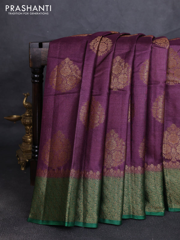 Banarasi tussar silk saree wine shade and green with allover thread & zari woven buttas and woven border