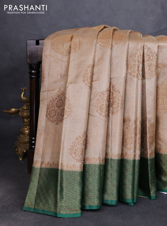 Banarasi tussar silk saree beige and green with allover thread & zari woven buttas and woven border