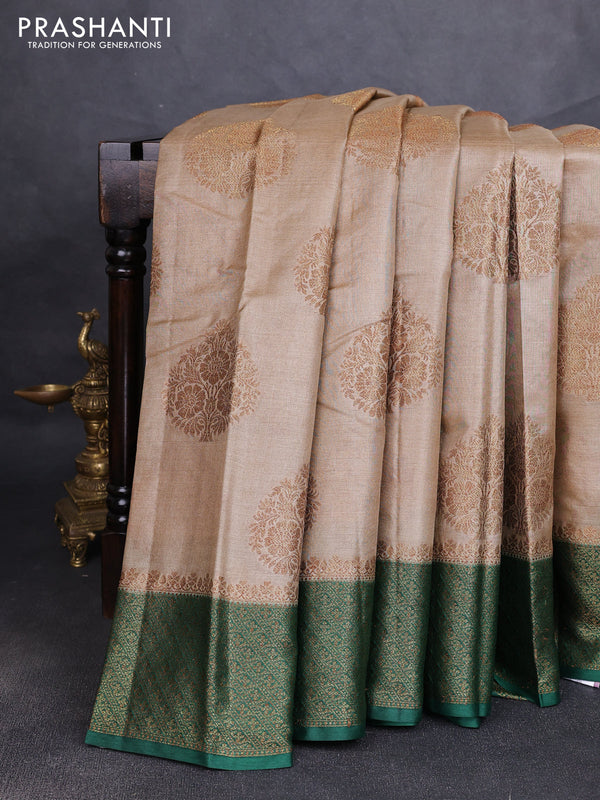 Banarasi tussar silk saree beige and green with allover thread & zari woven buttas and woven border