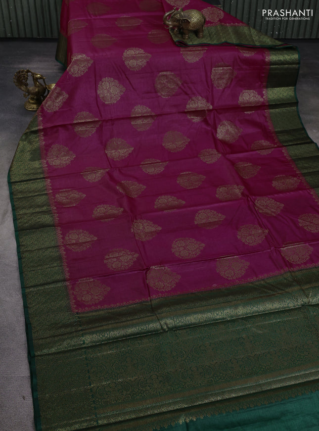 Banarasi tussar silk saree magenta pink and green with allover thread & zari woven buttas and woven border