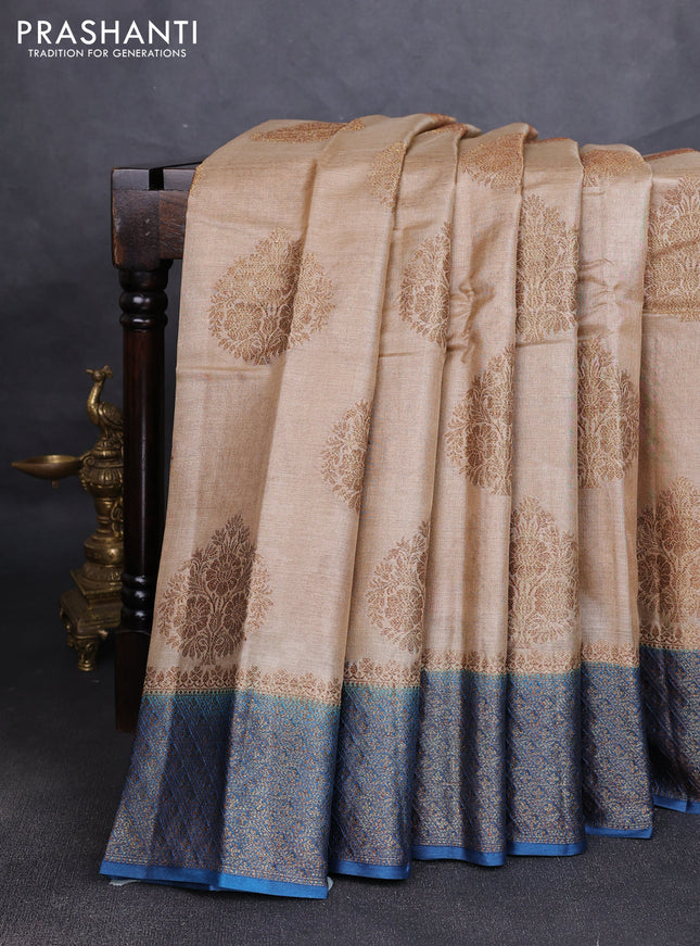 Banarasi tussar silk saree beige and peacock blue with allover thread & zari woven buttas and woven border