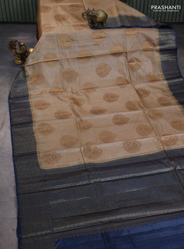 Banarasi tussar silk saree beige and peacock blue with allover thread & zari woven buttas and woven border