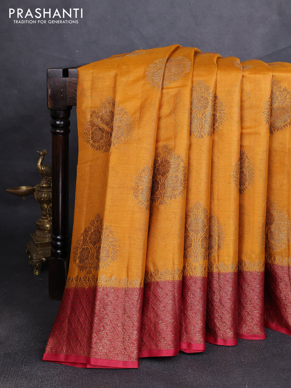 Banarasi tussar silk saree mustard yellow and maroon with allover thread & zari woven buttas and woven border