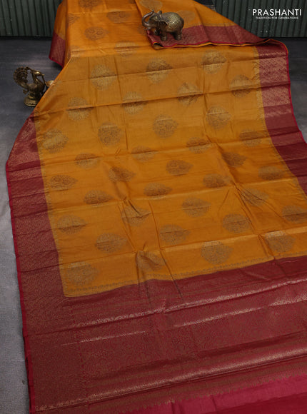Banarasi tussar silk saree mustard yellow and maroon with allover thread & zari woven buttas and woven border