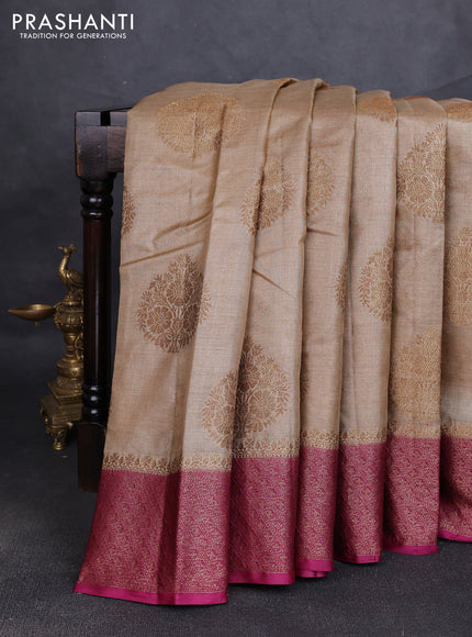 Banarasi tussar silk saree beige and wine shade with allover thread & zari woven buttas and woven border