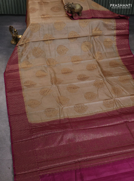 Banarasi tussar silk saree beige and wine shade with allover thread & zari woven buttas and woven border