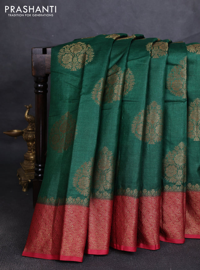 Banarasi tussar silk saree green and maroon with allover thread & zari woven buttas and woven border
