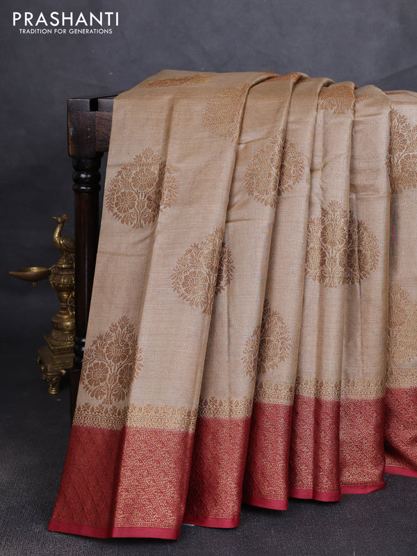 Banarasi tussar silk saree beige and maroon with allover thread & zari woven buttas and woven border