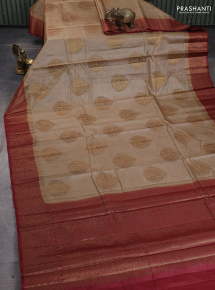 Banarasi tussar silk saree beige and maroon with allover thread & zari woven buttas and woven border