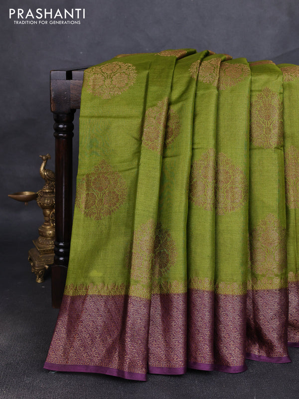 Banarasi tussar silk saree mehendi green and wine shade with allover thread & zari woven buttas and woven border