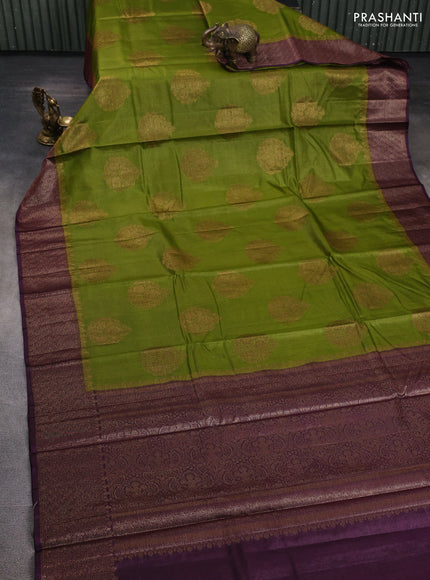 Banarasi tussar silk saree mehendi green and wine shade with allover thread & zari woven buttas and woven border