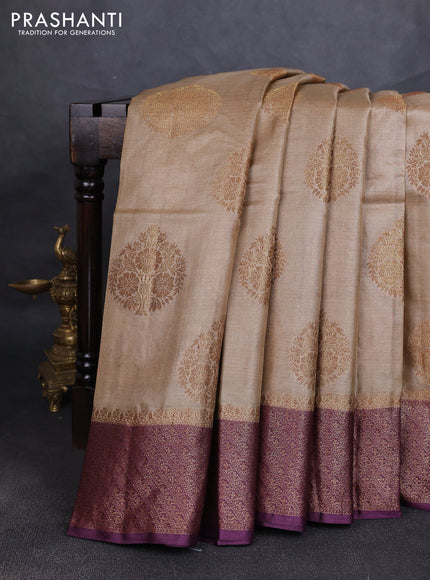 Banarasi tussar silk saree beige and wine shade with allover thread & zari woven buttas and woven border