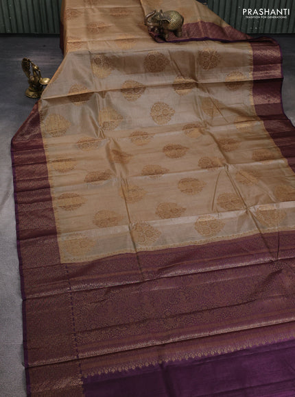 Banarasi tussar silk saree beige and wine shade with allover thread & zari woven buttas and woven border