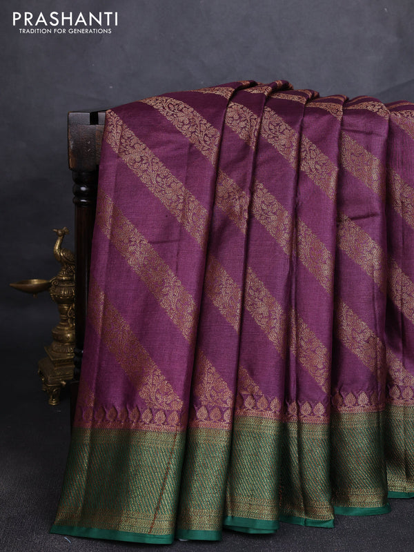 Banarasi tussar silk saree wine shade and green with allover thread & zari leheriya weaves and woven border
