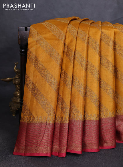 Banarasi tussar silk saree mustard yellow and maroon with allover thread & zari leheriya weaves and woven border