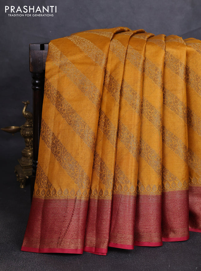 Banarasi tussar silk saree mustard yellow and maroon with allover thread & zari leheriya weaves and woven border