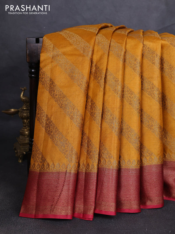 Banarasi tussar silk saree mustard yellow and maroon with allover thread & zari leheriya weaves and woven border