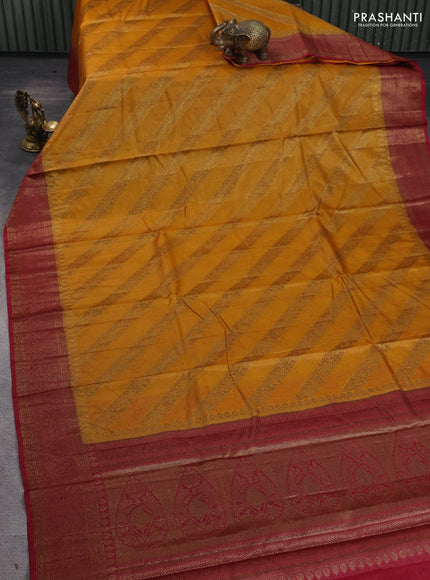 Banarasi tussar silk saree mustard yellow and maroon with allover thread & zari leheriya weaves and woven border