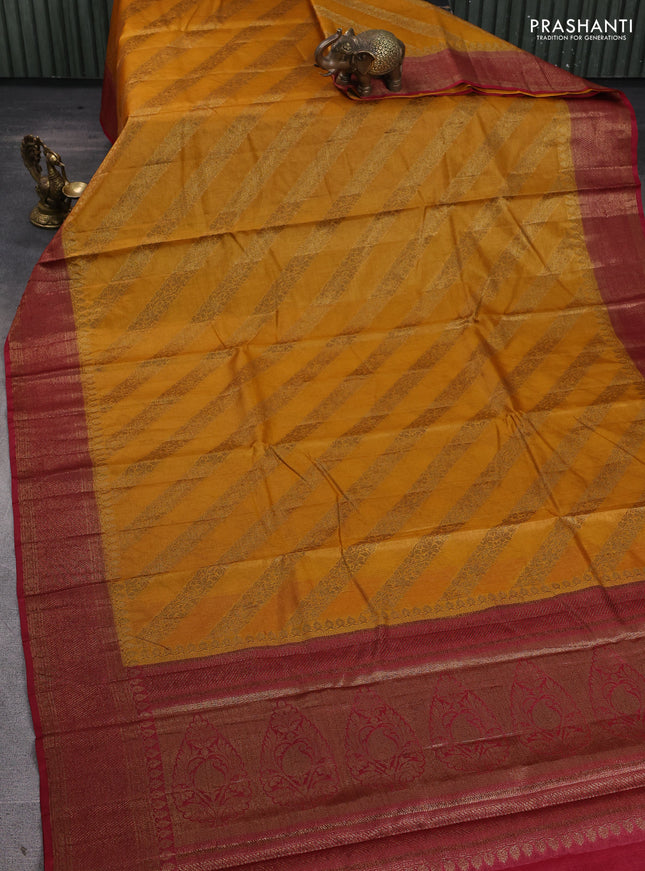 Banarasi tussar silk saree mustard yellow and maroon with allover thread & zari leheriya weaves and woven border