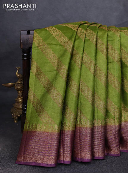 Banarasi tussar silk saree mehendi green and wine shade with allover thread & zari leheriya weaves and woven border