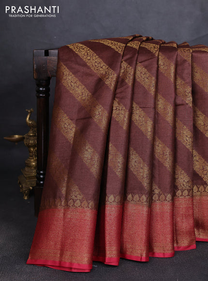 Banarasi tussar silk saree brown and maroon with allover thread & zari leheriya weaves and woven border