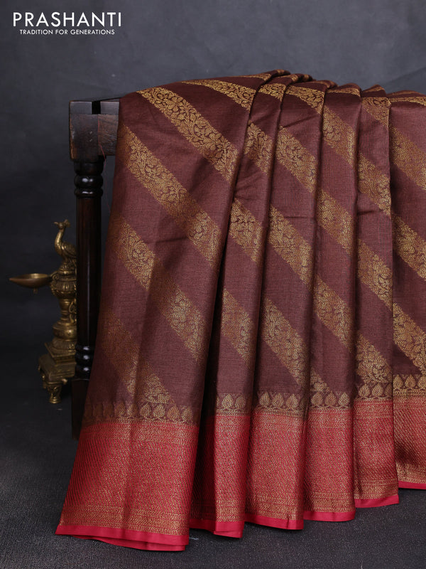 Banarasi tussar silk saree brown and maroon with allover thread & zari leheriya weaves and woven border