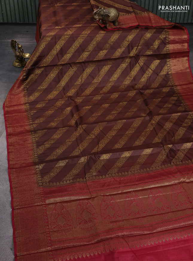 Banarasi tussar silk saree brown and maroon with allover thread & zari leheriya weaves and woven border
