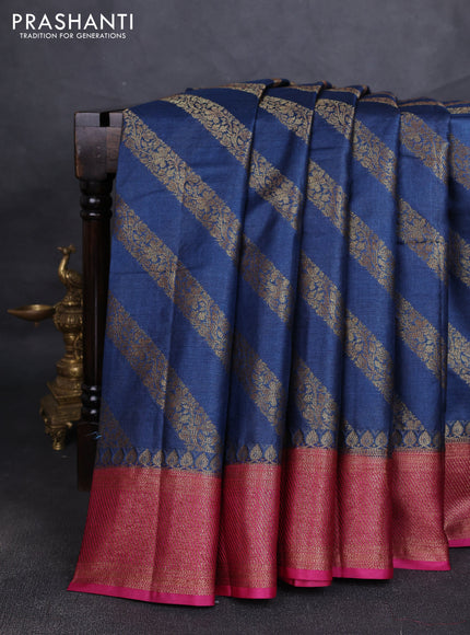 Banarasi tussar silk saree peacock blue and magenta pink with allover thread & zari leheriya weaves and woven border