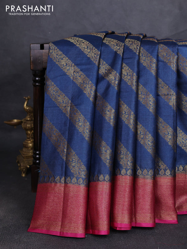 Banarasi tussar silk saree peacock blue and magenta pink with allover thread & zari leheriya weaves and woven border