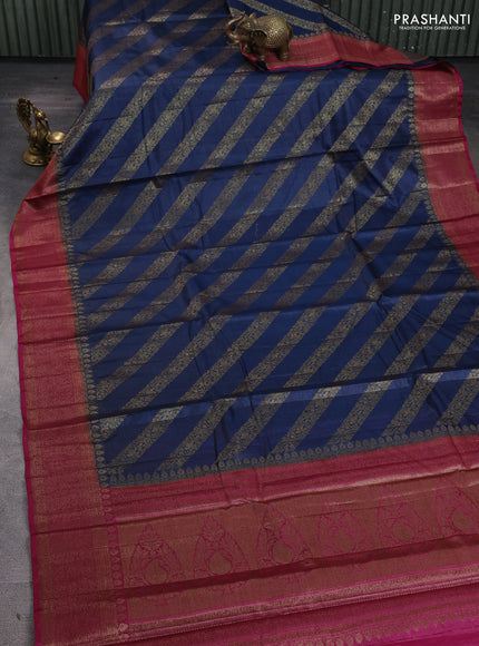 Banarasi tussar silk saree peacock blue and magenta pink with allover thread & zari leheriya weaves and woven border